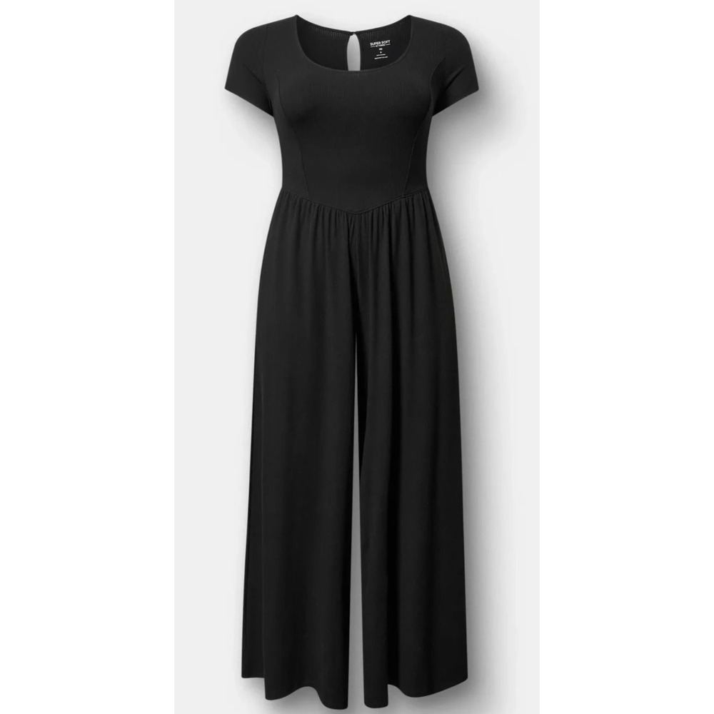 Torrid Short Sleeve Rib Princess Seam Wide Leg Jumpsuit Black Size M/L NWT - Picture 2 of 11